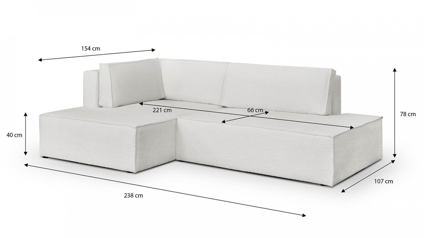 Canapé d'angle à gauche convertible 3 places avec coffre de rangement en tissu bouclé écru - Barani