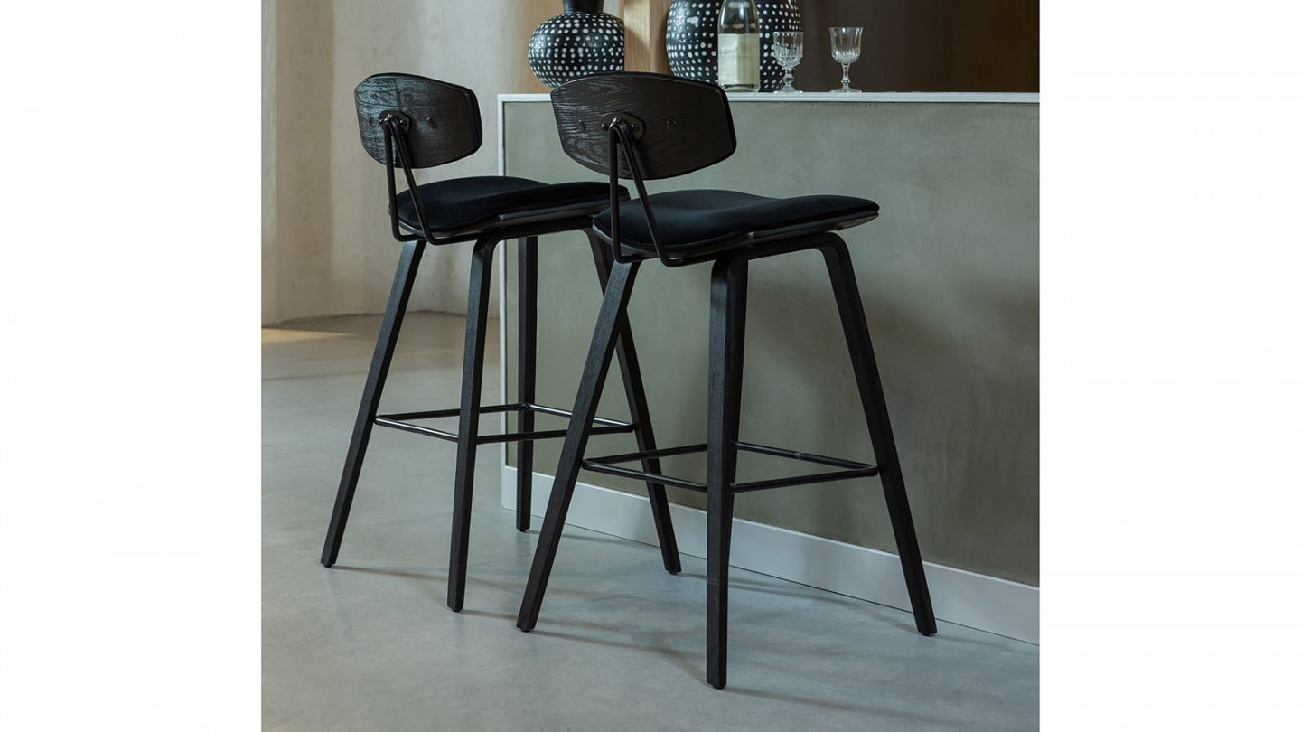 Lot de 2 tabourets de bar en velours noir - Collection Senn - Woood