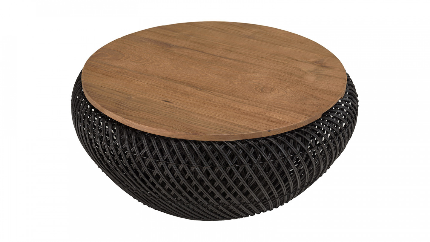 Table basse ronde 65cm en rotin noir plateau amovible - Sixtine