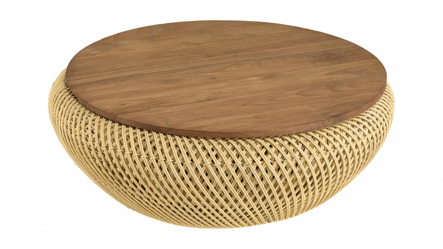 Table basse ronde 80x80cm en rotin beige plateau amovible - Sixtine