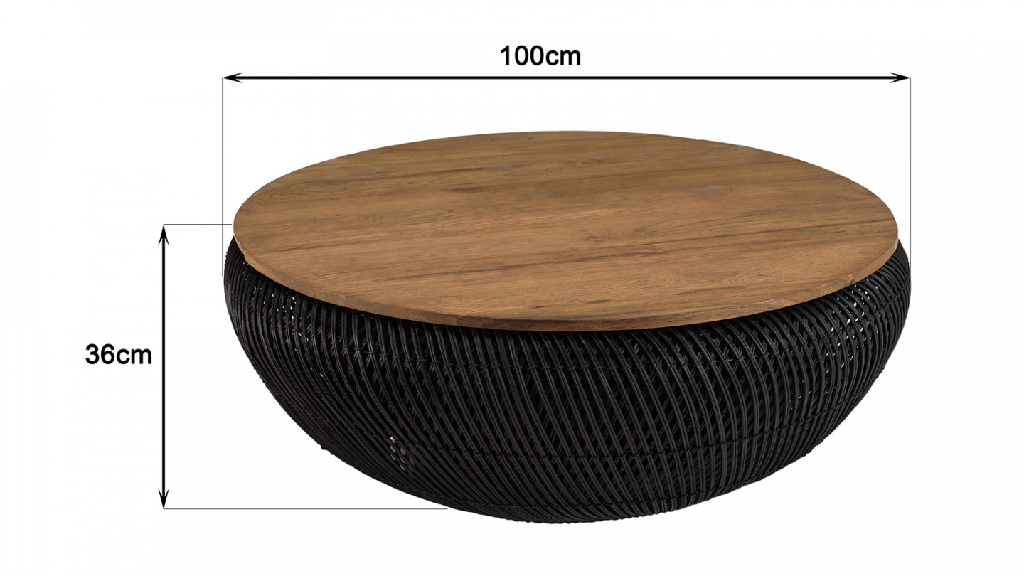 Table basse ronde 100x100cm en rotin noir plateau amovible - Sixtine