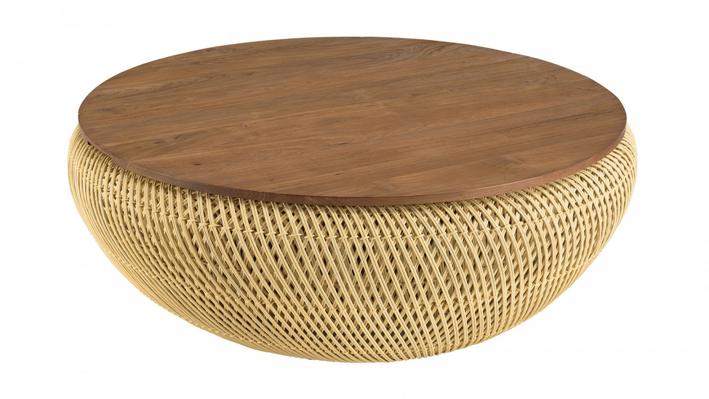 Table basse ronde 100x100cm en rotin beige plateau amovible - Sixtine