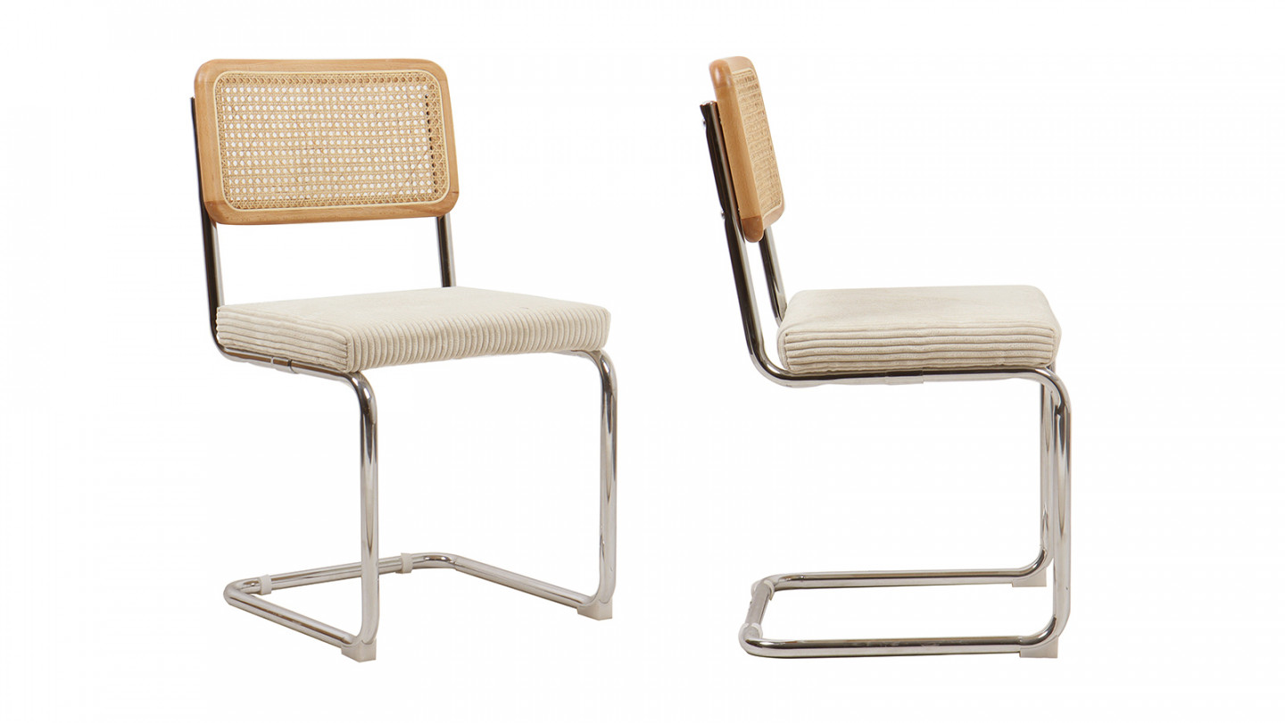 Lot de 2 chaises en cannage velours côtelé beige et métal chromé - Muse
