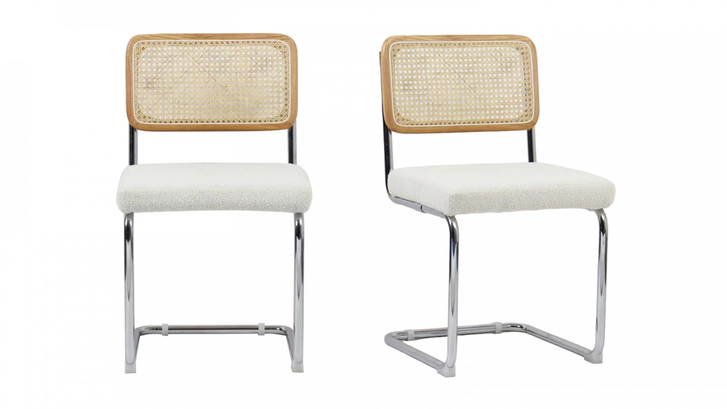 Lot de 2 chaises en rotin, tissu bouclé écru et métal chromé - Muse