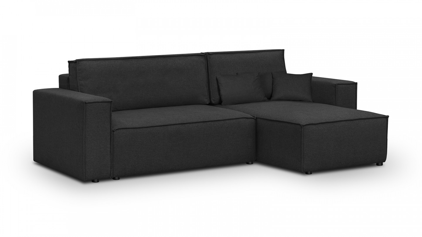 Canapé d'angle convertible réversible 4 places avec coffre de rangement en tissu noir - Livia New