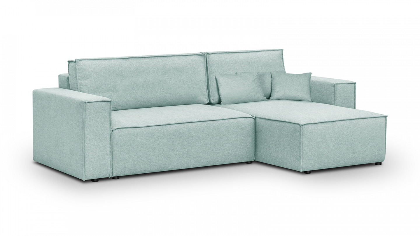 Canapé d'angle convertible réversible 4 places avec coffre de rangement en tissu bleu pastel - Livia New