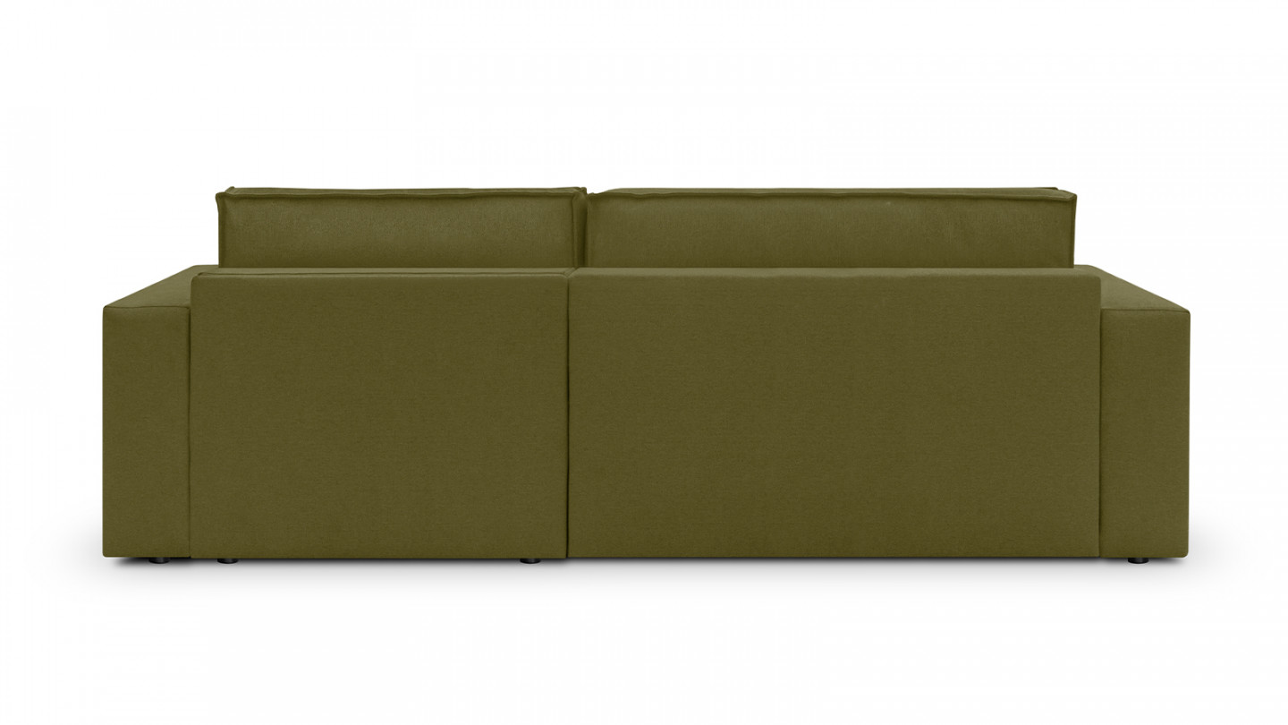 Canapé d'angle convertible réversible 4 places avec coffre de rangement en tissu vert olive - Livia New