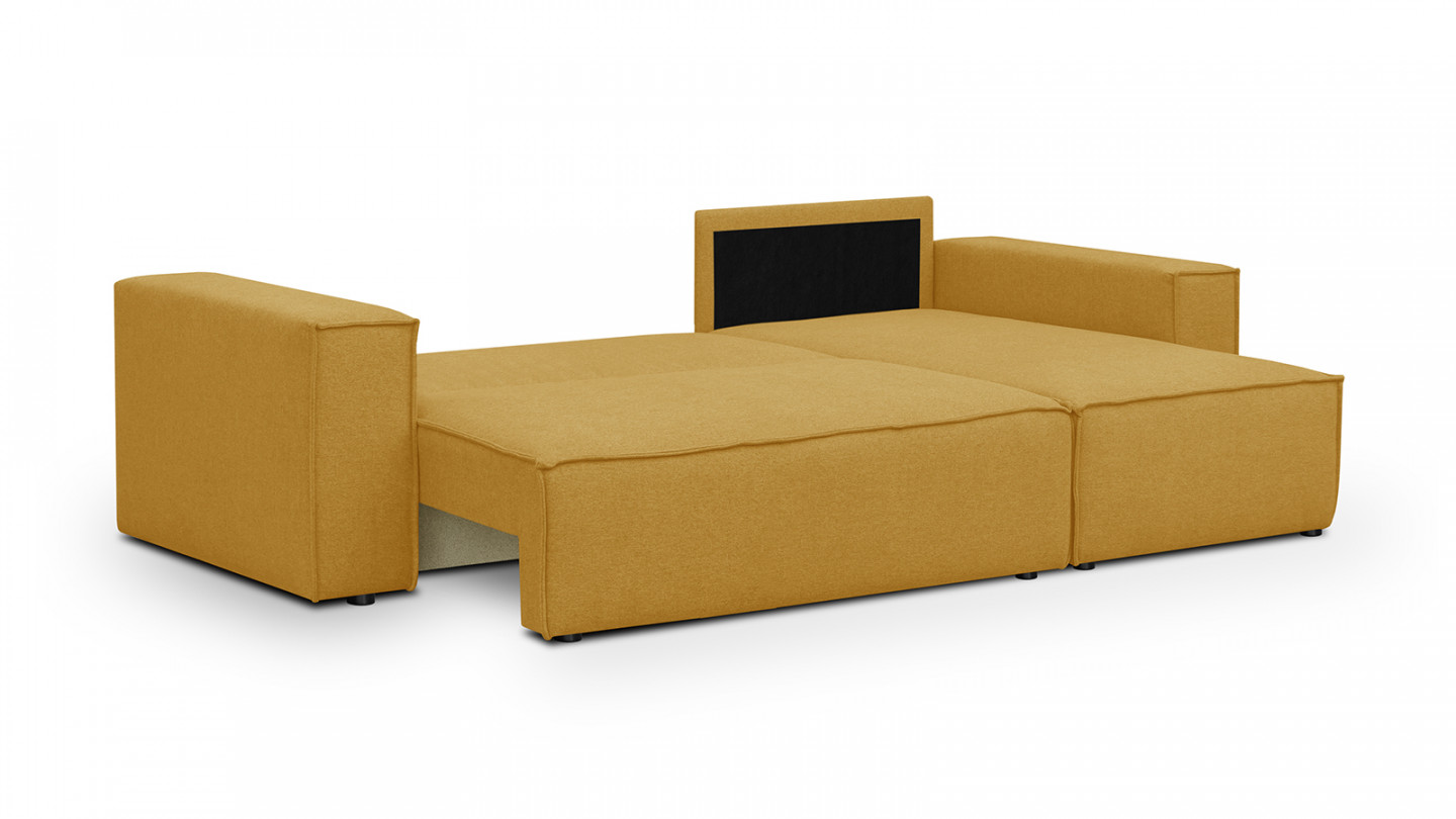 Canapé d'angle convertible réversible 4 places avec coffre de rangement en tissu jaune moutarde - Livia New