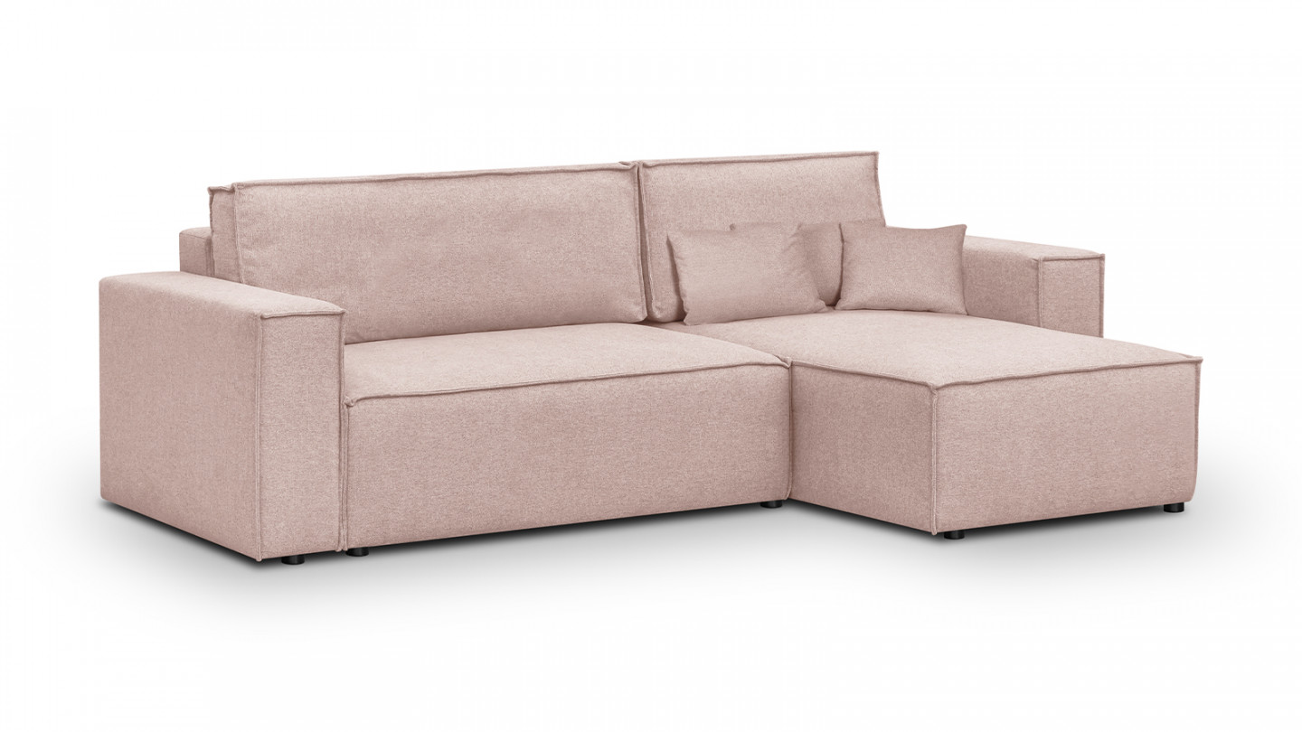 Canapé d'angle convertible réversible 4 places avec coffre de rangement en tissu rose - Livia New