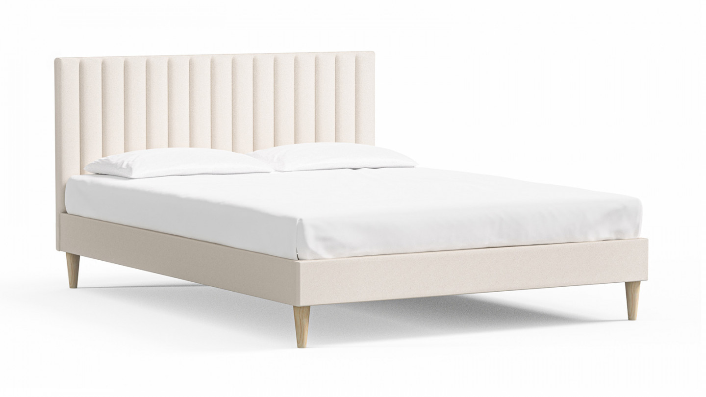 Lit adulte 140x190 en velours beige avec tête de lit matelassée - Eliot