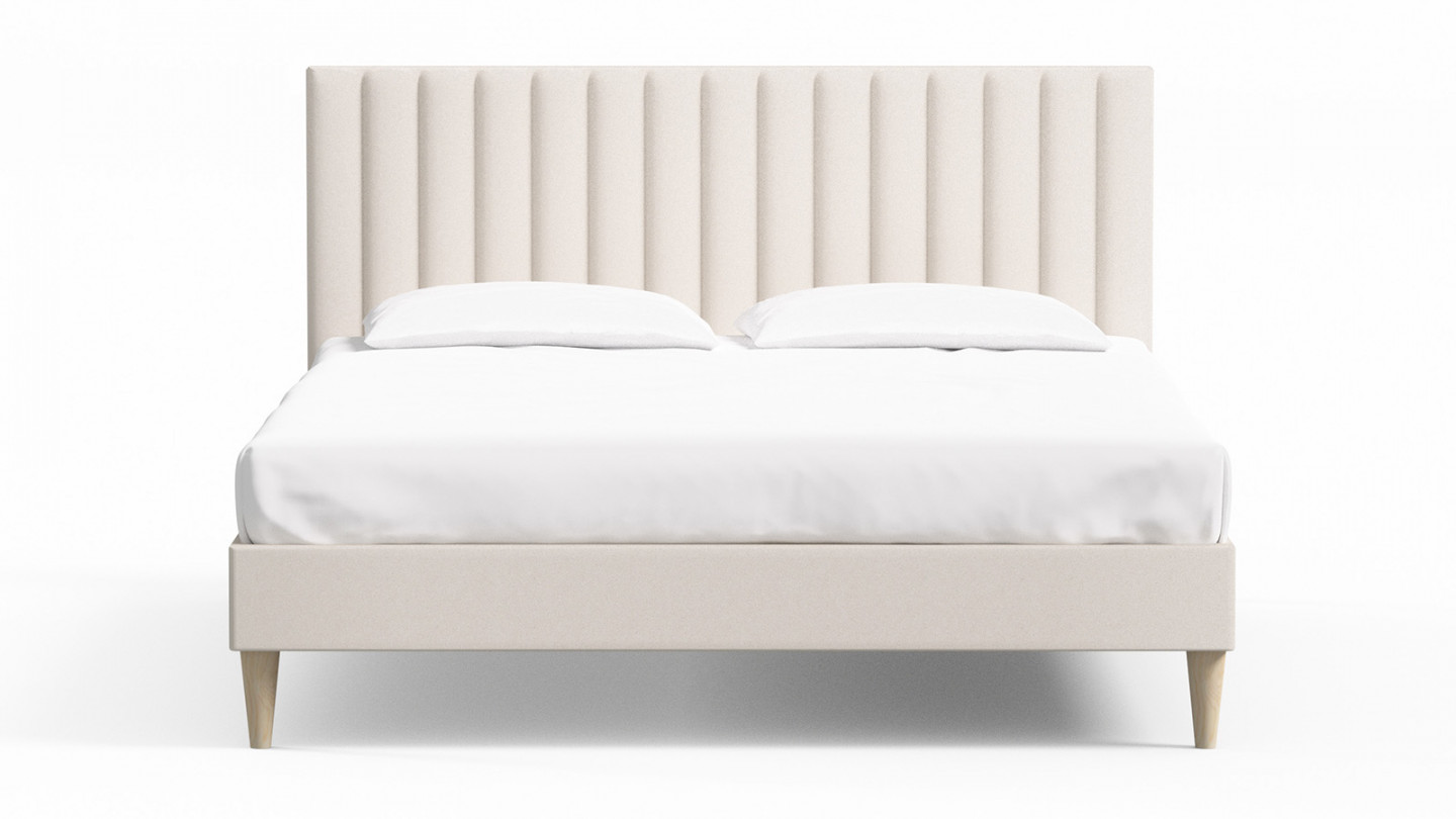 Lit adulte 160x200 en velours beige avec tête de lit matelassée - Eliot