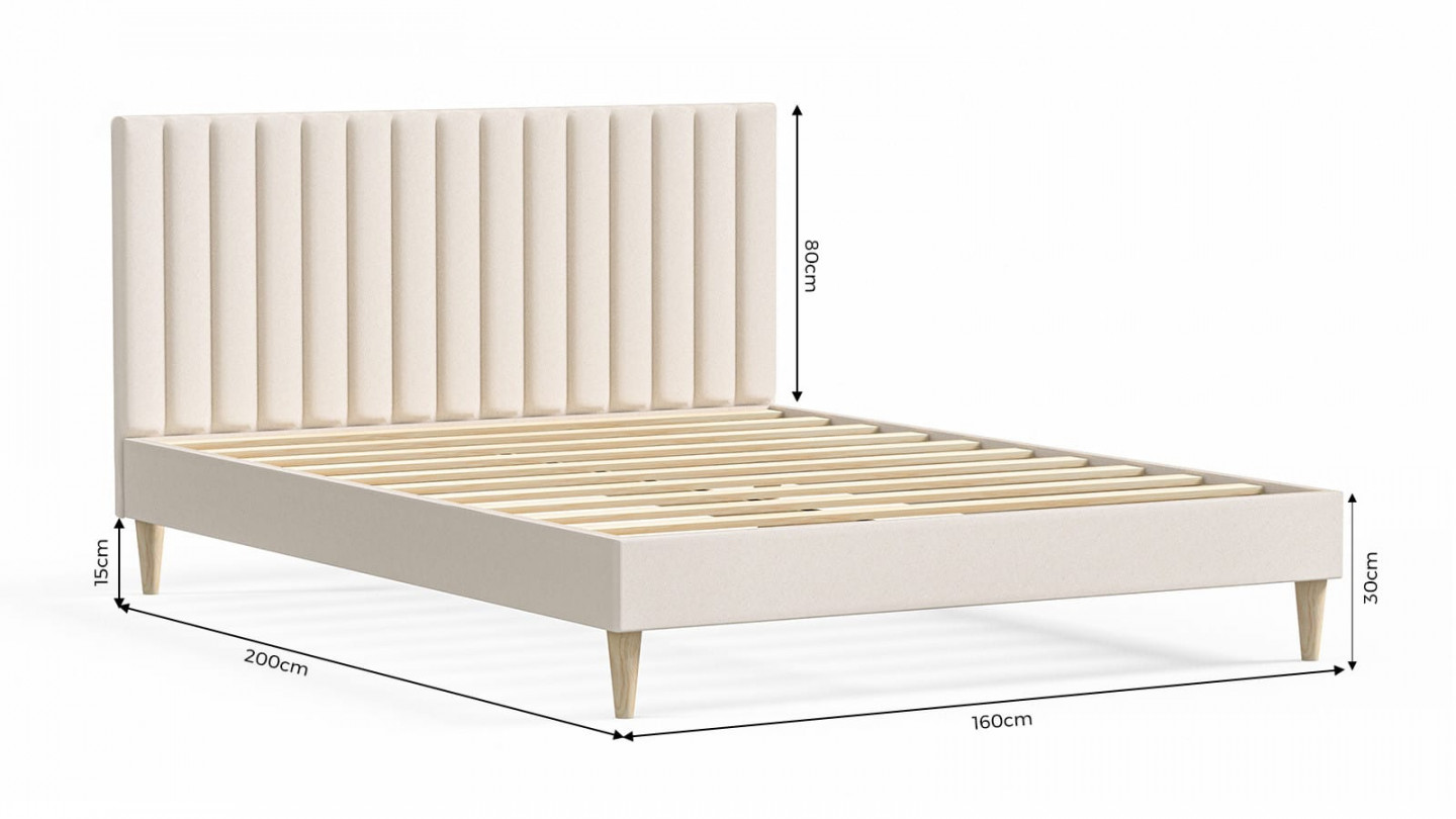 Lit adulte 160x200 en velours beige avec tête de lit matelassée - Eliot