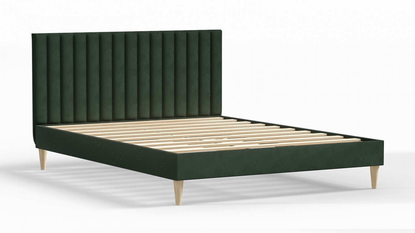 Lit adulte 140x190 en velours vert avec tête de lit matelassée - Eliot