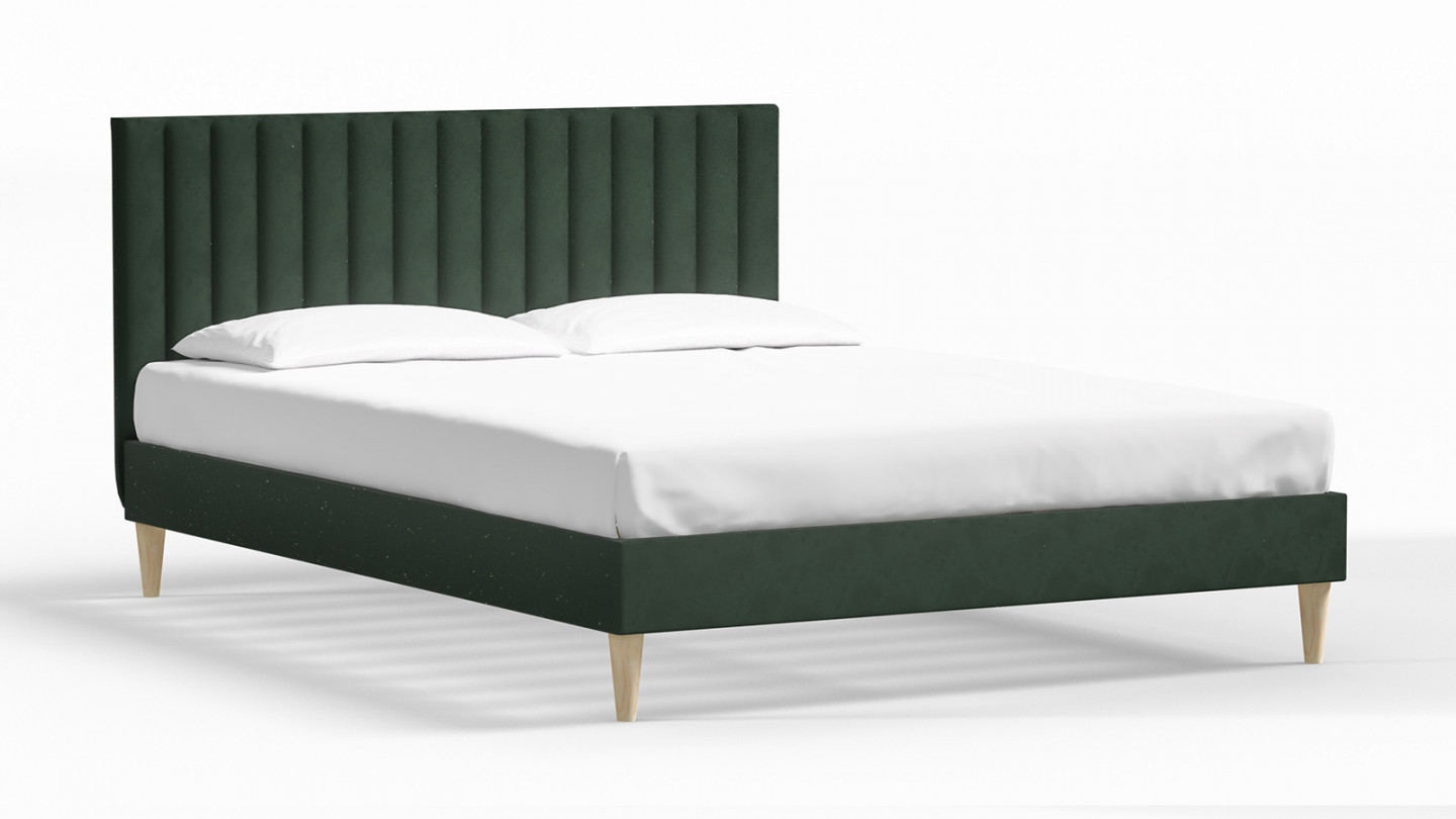 Lit adulte 160x200 en velours vert avec tête de lit matelassée - Eliot