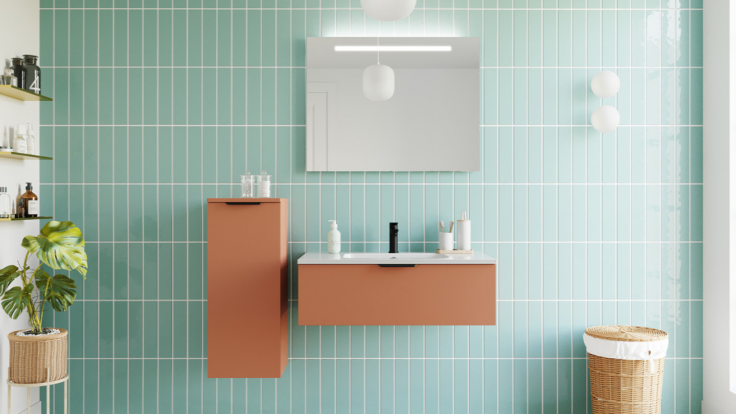 Meuble de salle de bains 90 cm Terracotta - 1 tiroir - simple vasque + miroir - Loft