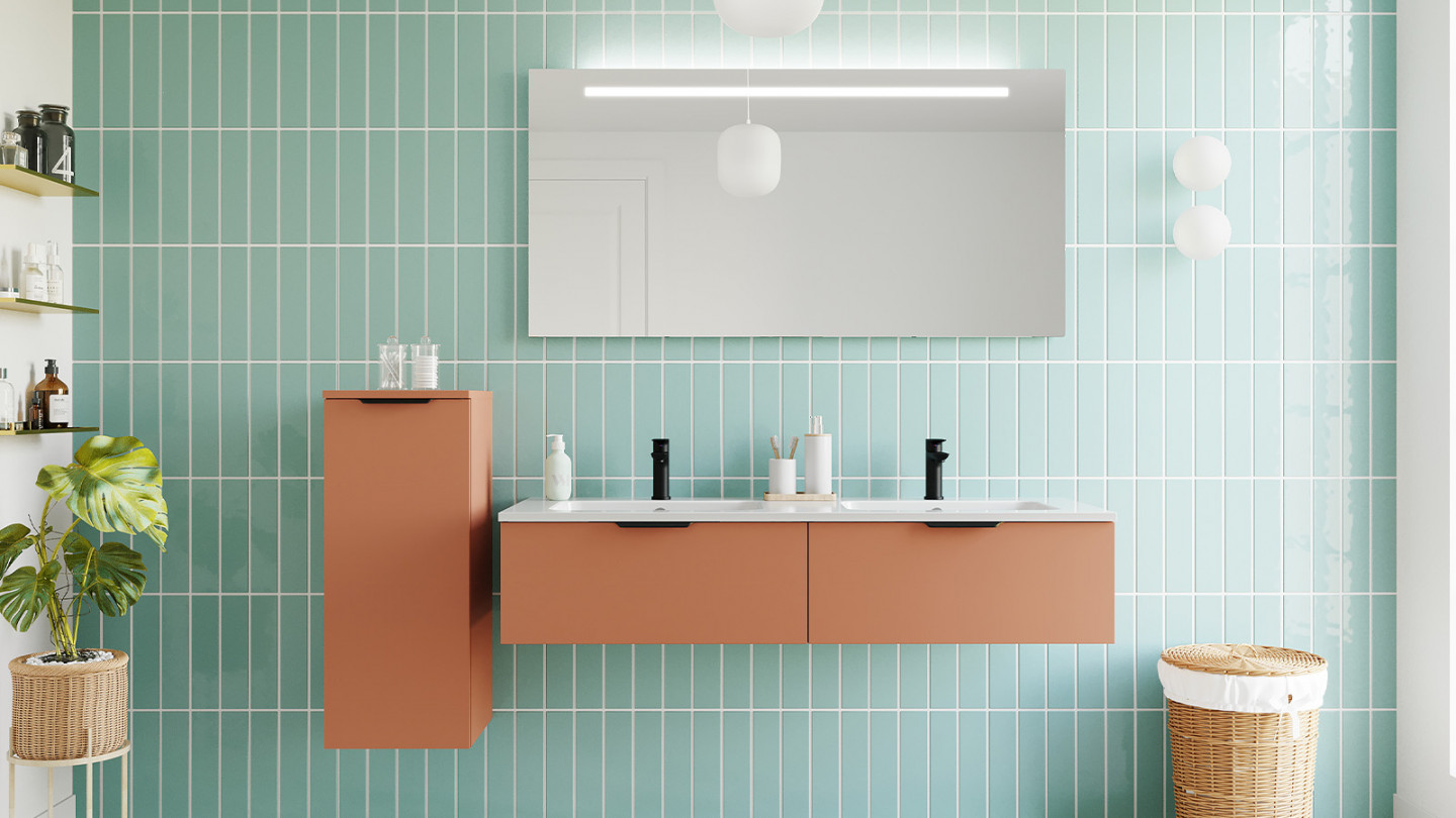 Meuble de salle de bains 140 cm Terracotta - 2 tiroirs - double vasque + miroir + demi-colonne ouverture à gauche - Loft