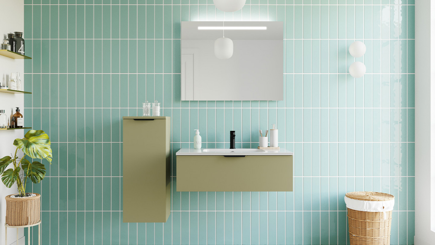 Meuble de salle de bains 90 cm Olive - 1 tiroir - simple vasque + miroir - Loft