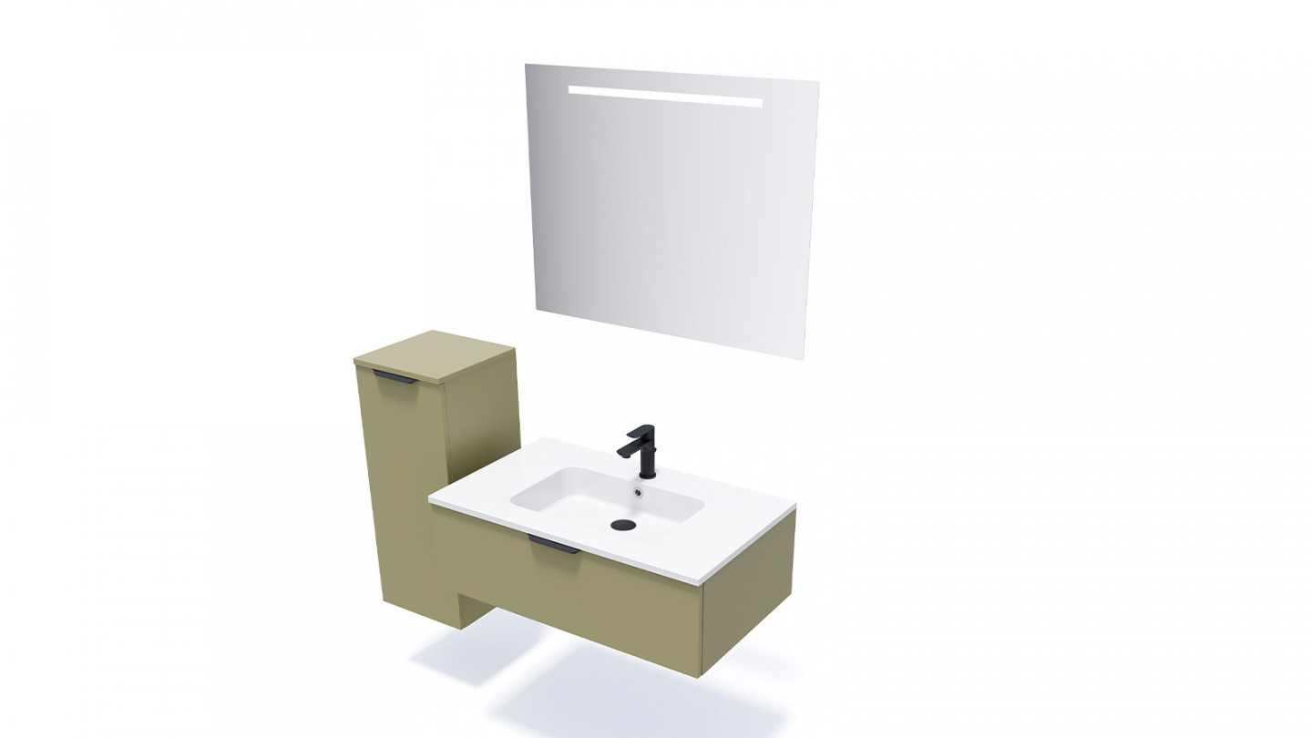 Meuble de salle de bains 90 cm Olive - 1 tiroir - simple vasque + miroir - Loft