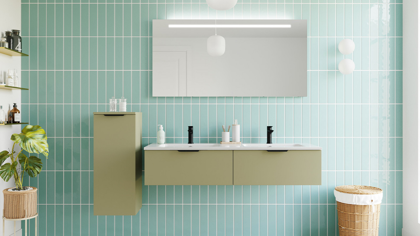 Meuble de salle de bains 140 cm Olive - 2 tiroirs - double vasque + miroir + demi-colonne ouverture à gauche - Loft