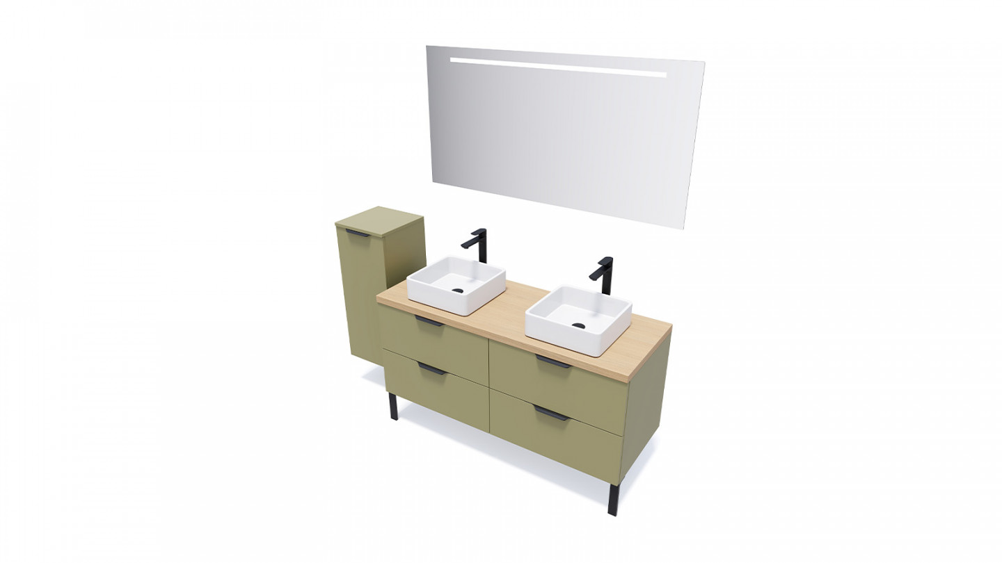 Meuble de salle de bains 140 cm Olive - 4 tiroirs - 2 vasques carrées + miroir - Loft