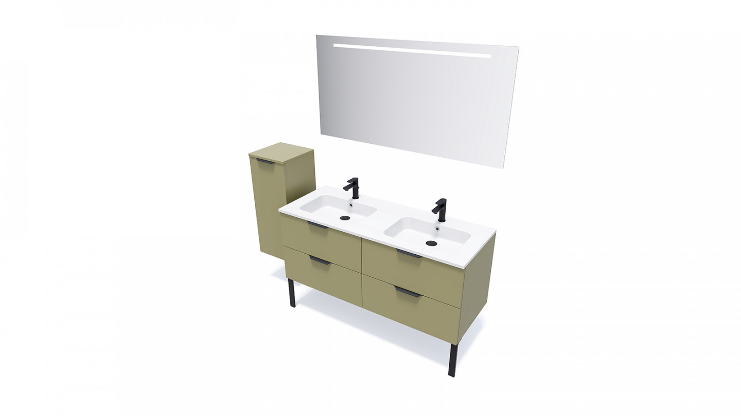 Meuble de salle de bains 140 cm Olive - 4 tiroirs - double vasque + miroir + demi-colonne ouverture à gauche - Loft