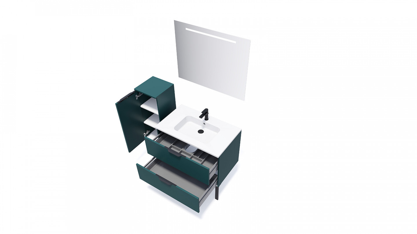 Meuble de salle de bains 90 cm Tropical - 2 tiroirs - simple vasque + miroir - Loft