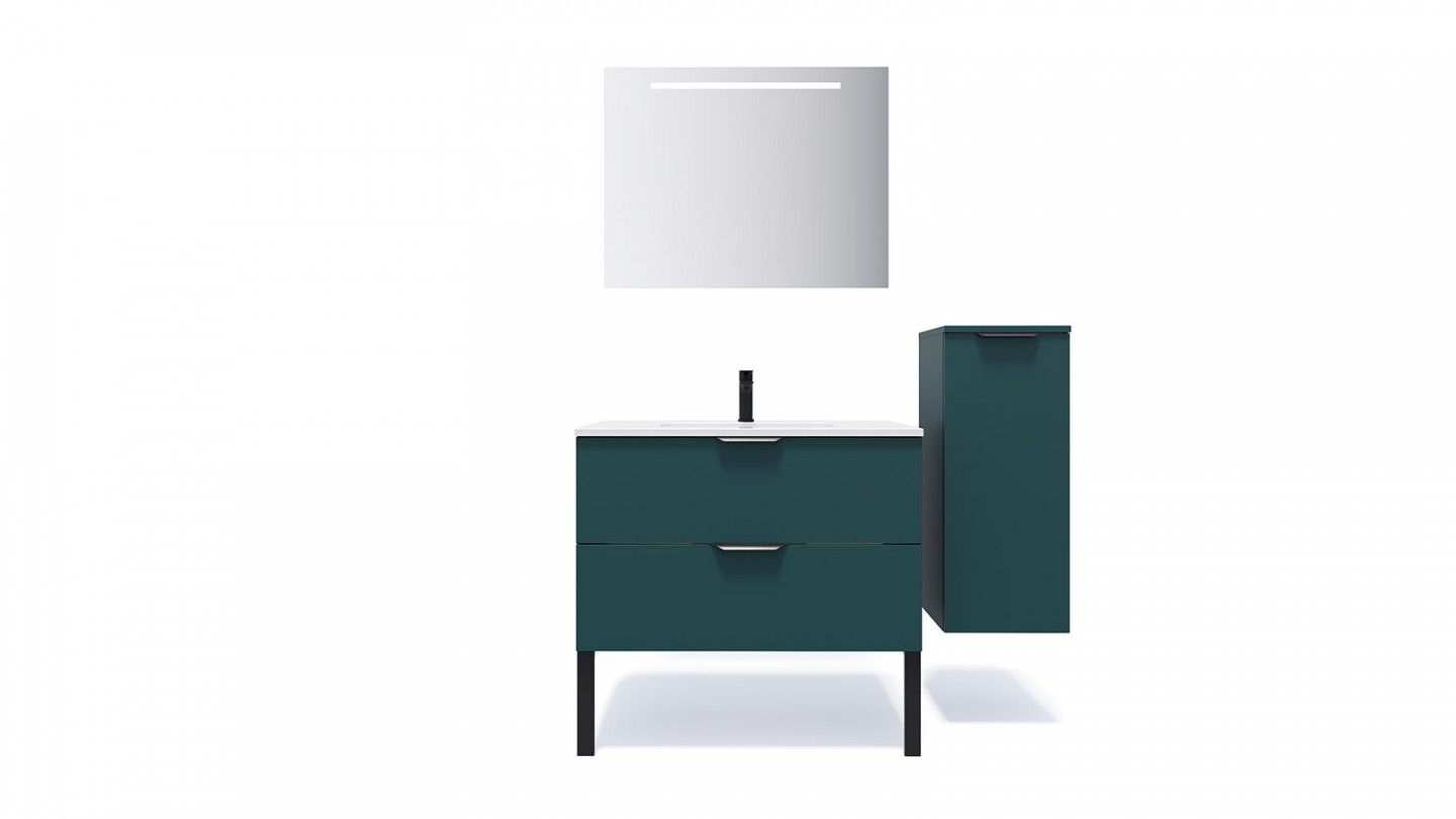 Meuble de salle de bains 90 cm Tropical - 2 tiroirs - simple vasque + miroir + demi-colonne ouverture à droite - Loft