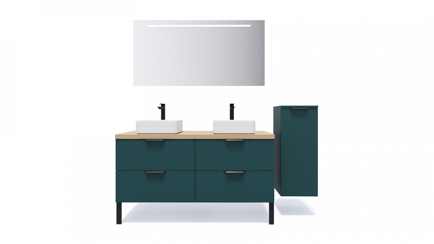 Meuble de salle de bains 140 cm Tropical - 4 tiroirs - 2 vasques carrées + miroir + demi-colonne ouverture à droite - Loft