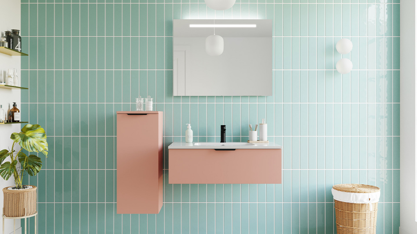 Meuble de salle de bains 90 cm Abricot - 1 tiroir - simple vasque + miroir - Loft