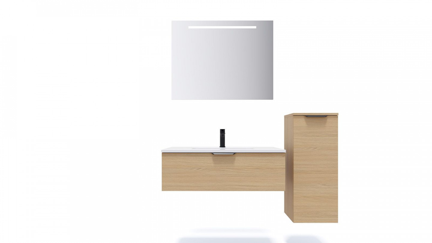 Meuble de salle de bains 90 cm Chêne clair - 1 tiroir - simple vasque + miroir + demi-colonne ouverture à droite - Loft