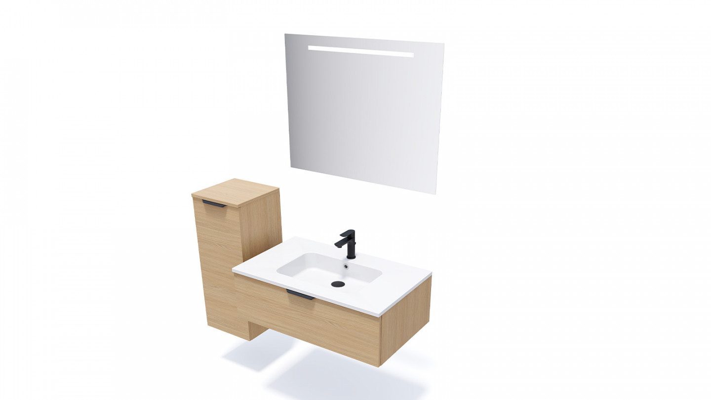 Meuble de salle de bains 90 cm Chêne clair - 1 tiroir - simple vasque + miroir + demi-colonne ouverture à gauche - Loft