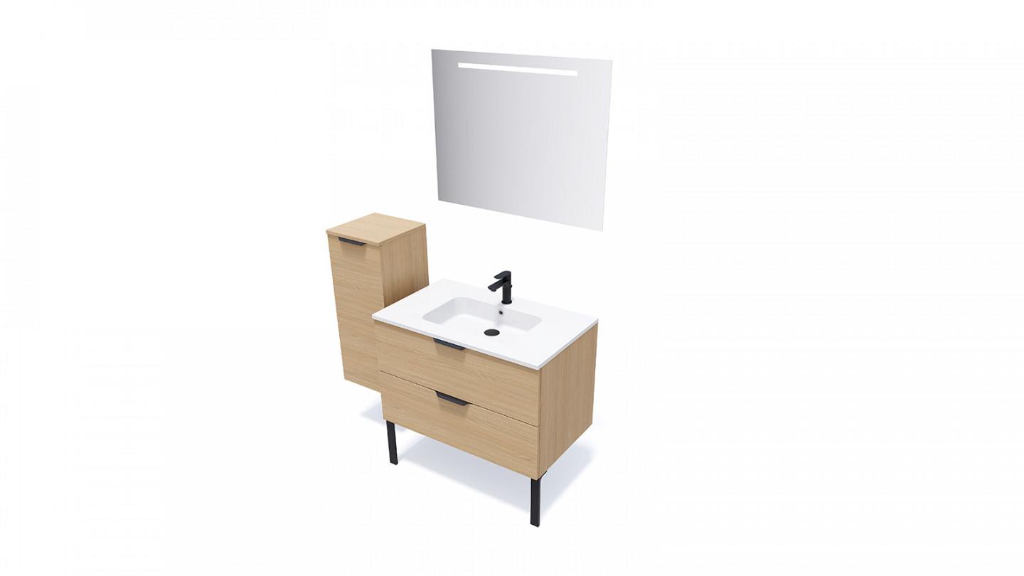Meuble de salle de bains 90 cm Chêne clair - 2 tiroirs - simple vasque - Loft