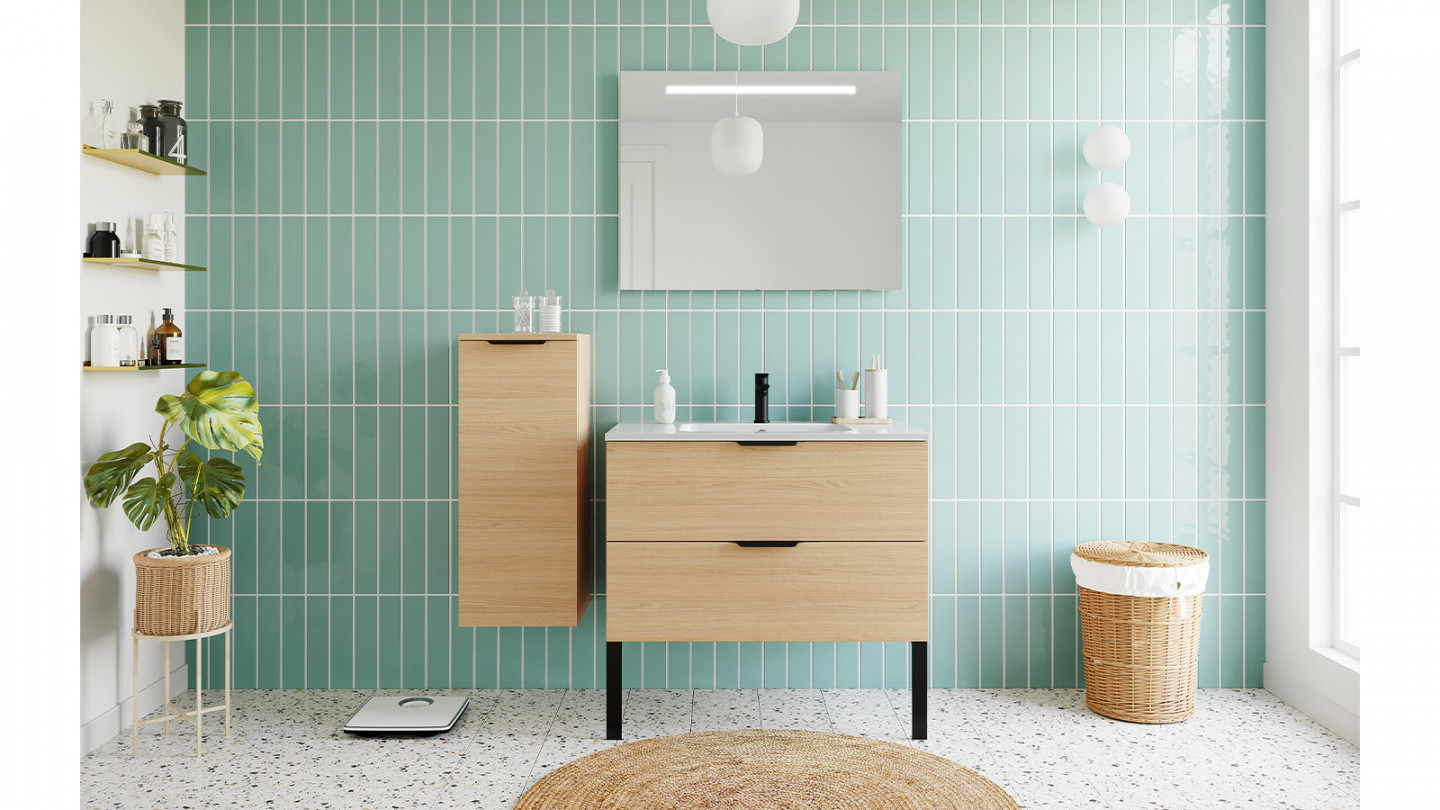Meuble de salle de bains 90 cm Chêne clair - 2 tiroirs - simple vasque + miroir - Loft