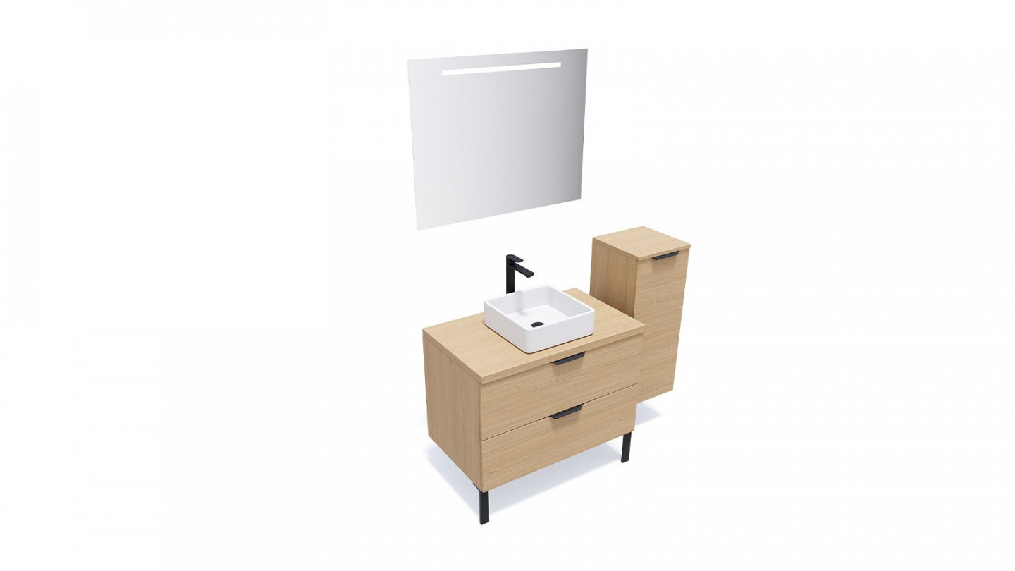 Meuble de salle de bains 90 cm Chêne clair - 2 tiroirs - vasque carrée + miroir + demi-colonne ouverture à droite - Loft