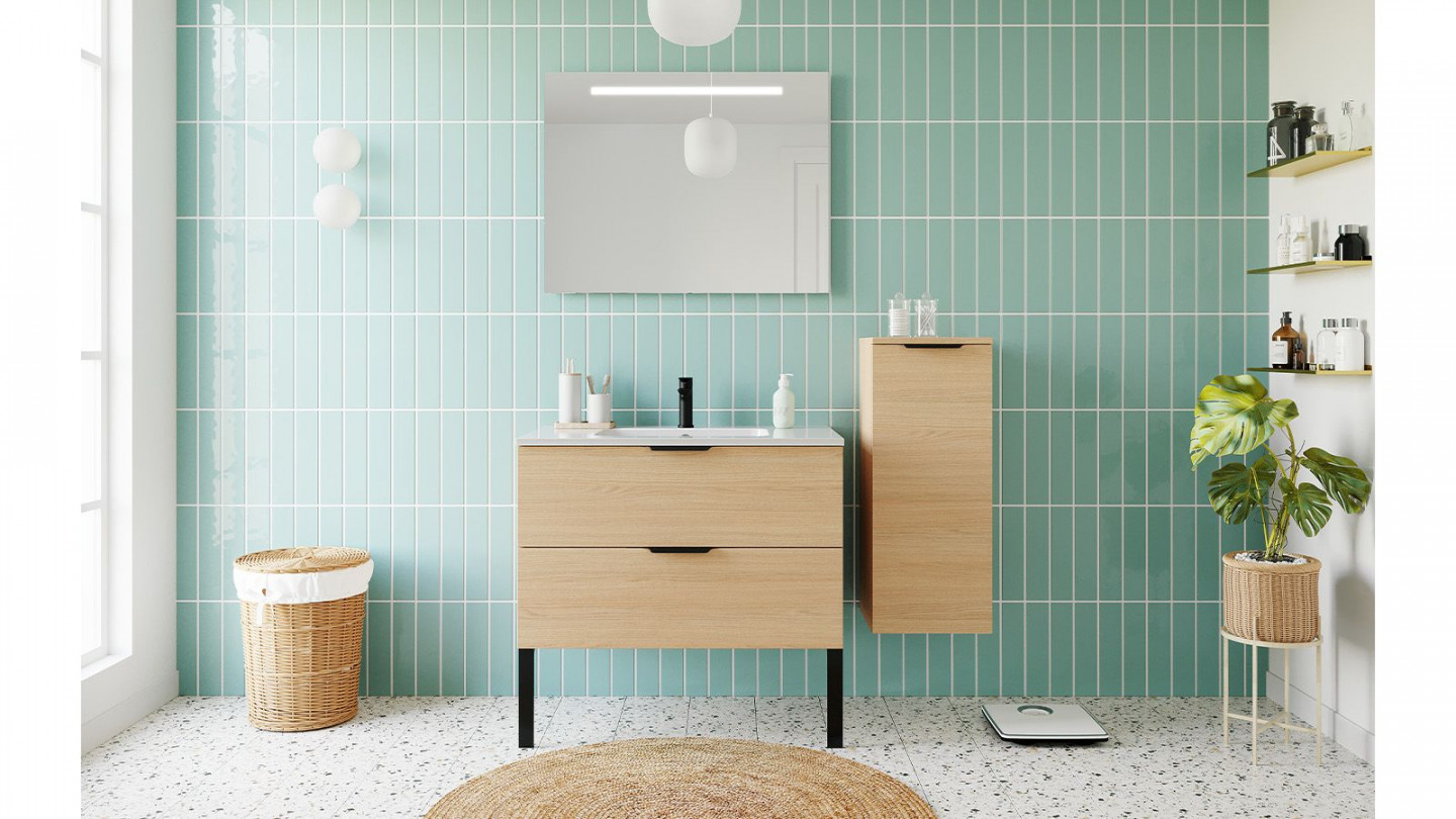 Meuble de salle de bains 90 cm Chêne clair - 2 tiroirs - simple vasque + miroir + demi-colonne ouverture à droite - Loft