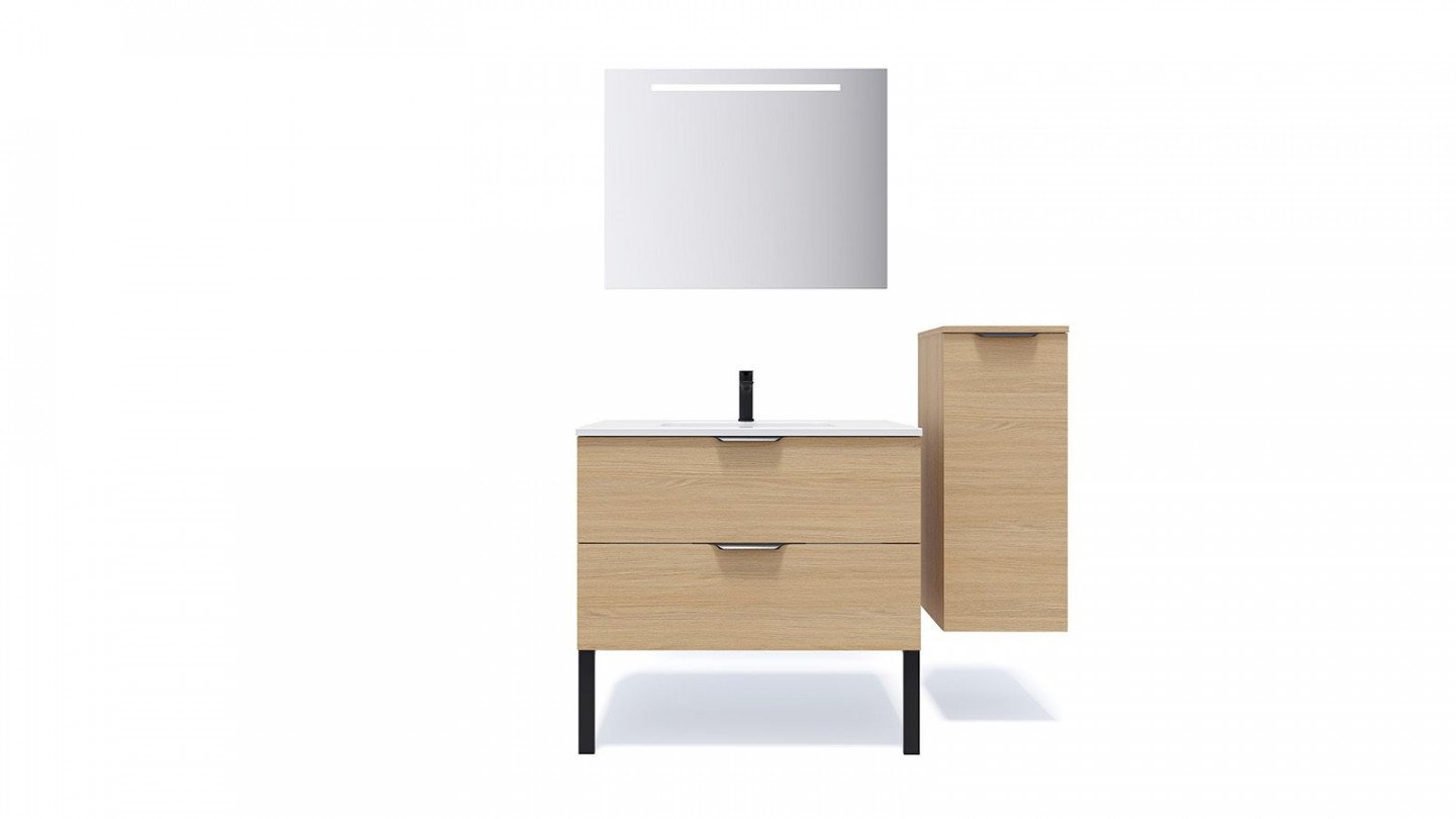 Meuble de salle de bains 90 cm Chêne clair - 2 tiroirs - simple vasque + miroir + demi-colonne ouverture à droite - Loft
