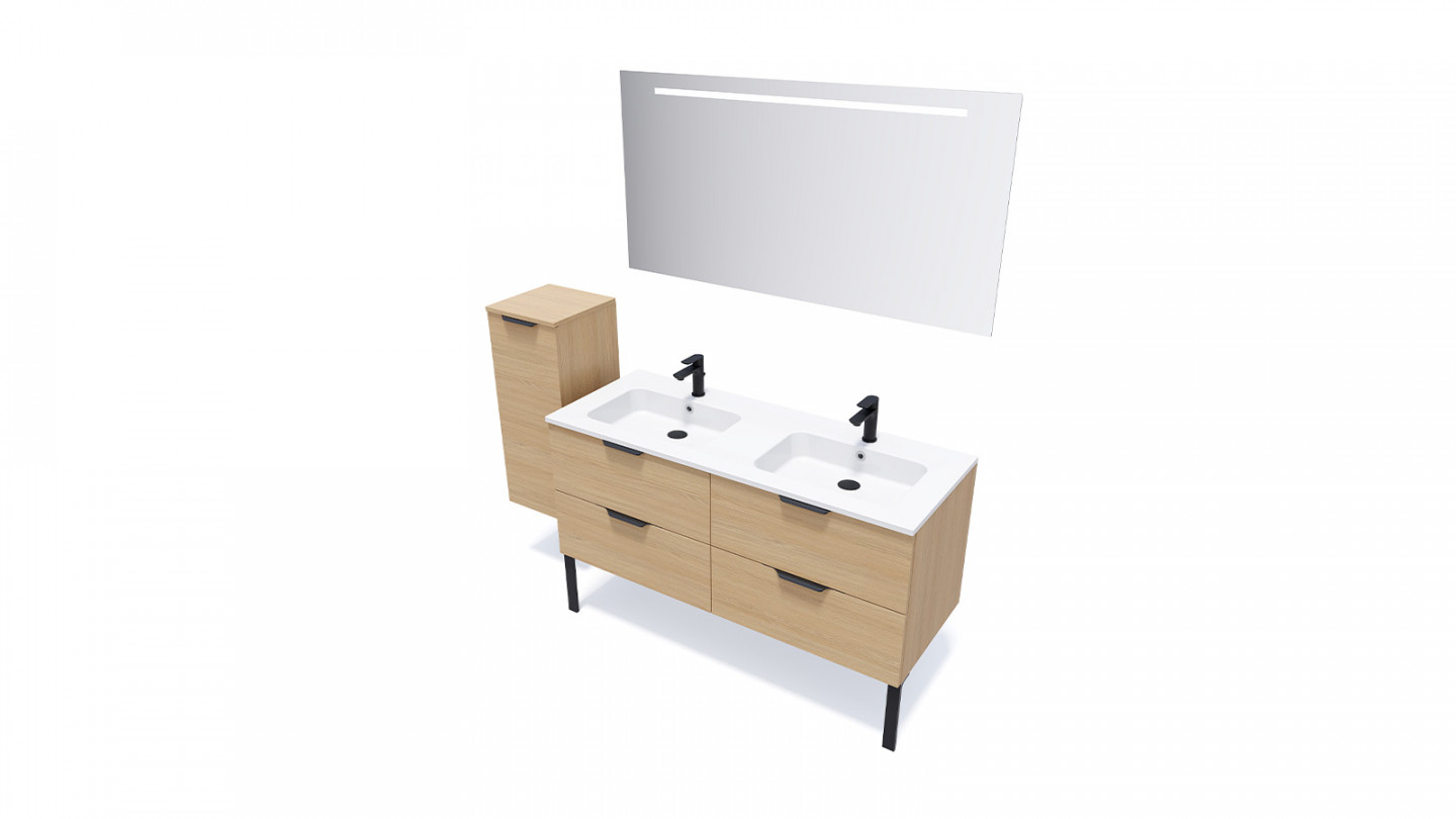 Meuble de salle de bains 140 cm Chêne clair - 4 tiroirs - double vasque - Loft