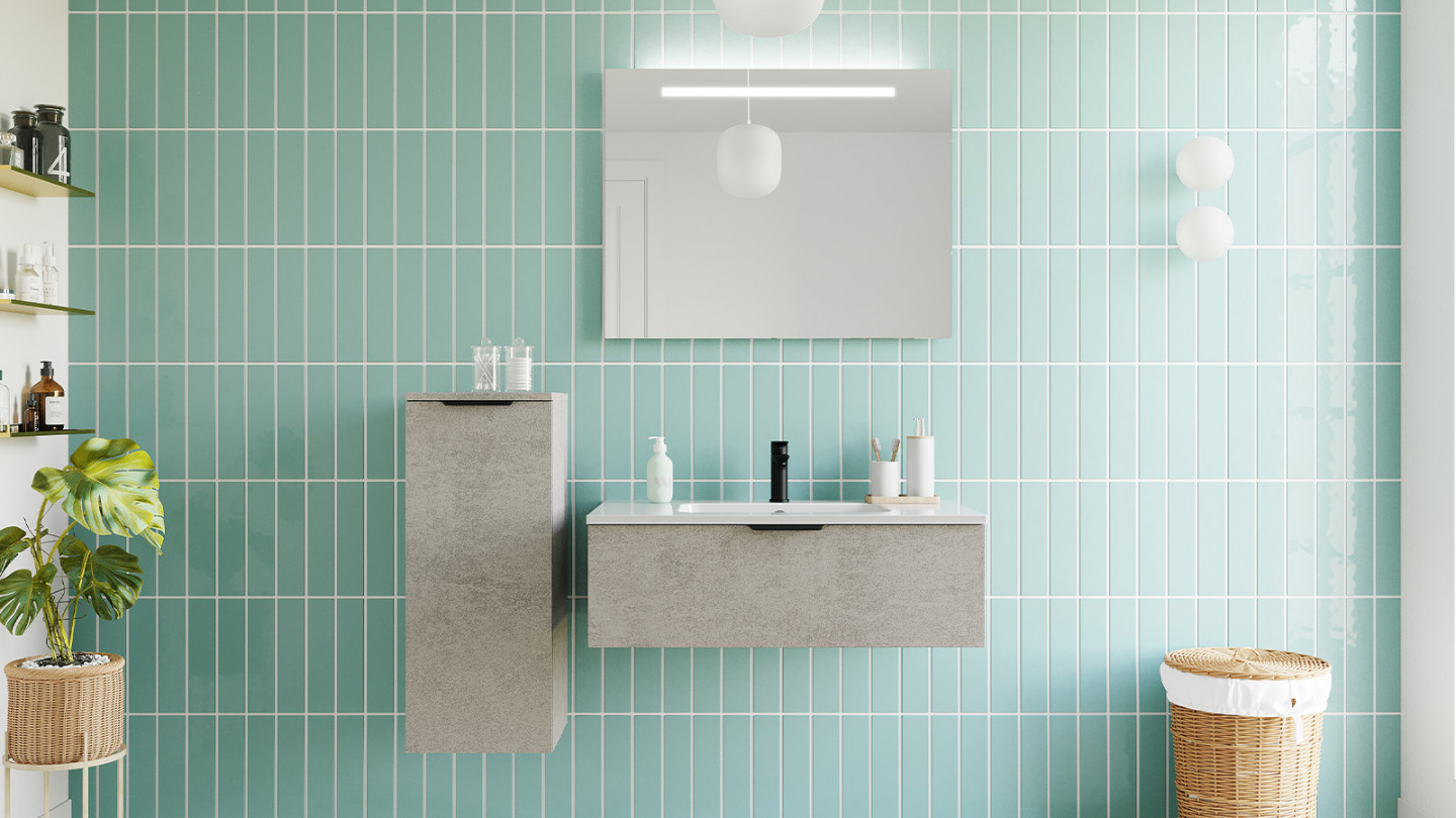 Meuble de salle de bains 90 cm Béton taloché - 1 tiroir - simple vasque + miroir + demi-colonne ouverture à gauche - Loft