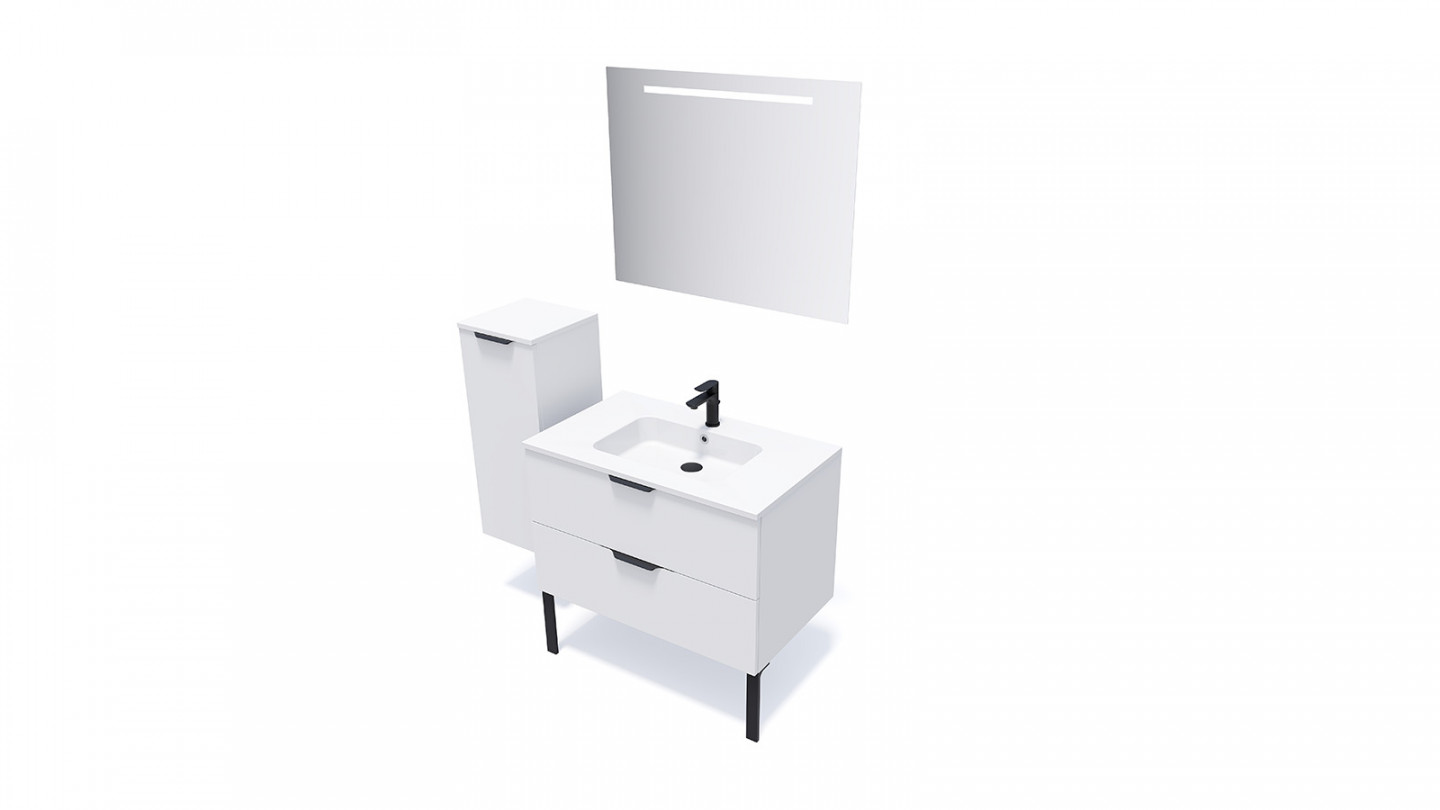 Meuble de salle de bains 90 cm Opale blanc - 2 tiroirs - simple vasque + miroir - Loft