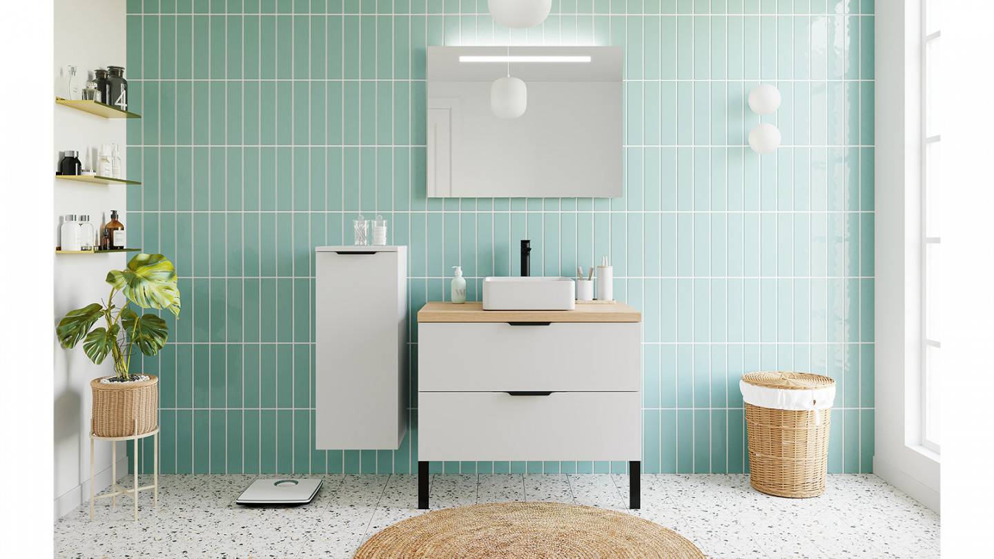 Meuble de salle de bains 90 cm Opale blanc - 2 tiroirs - vasque carrée + miroir + demi-colonne ouverture à gauche - Loft