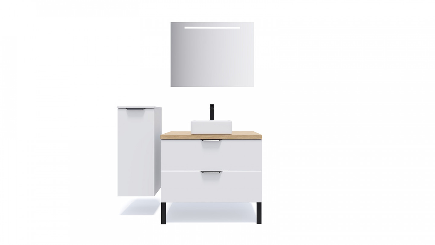 Meuble de salle de bains 90 cm Opale blanc - 2 tiroirs - vasque carrée + miroir + demi-colonne ouverture à gauche - Loft