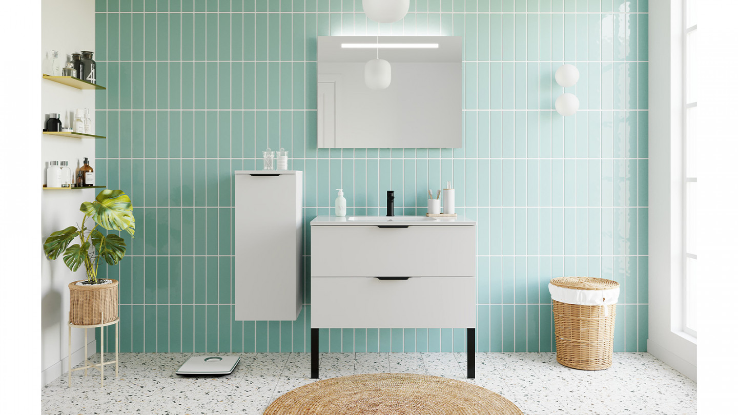 Meuble de salle de bains 90 cm Opale blanc - 2 tiroirs - simple vasque + miroir + demi-colonne ouverture à gauche - Loft
