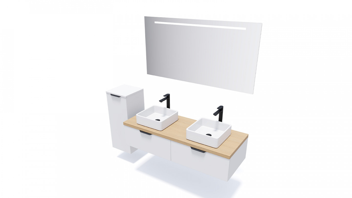 Meuble de salle de bains 140 cm Opale blanc - 2 tiroirs - 2 vasques carrées - Loft