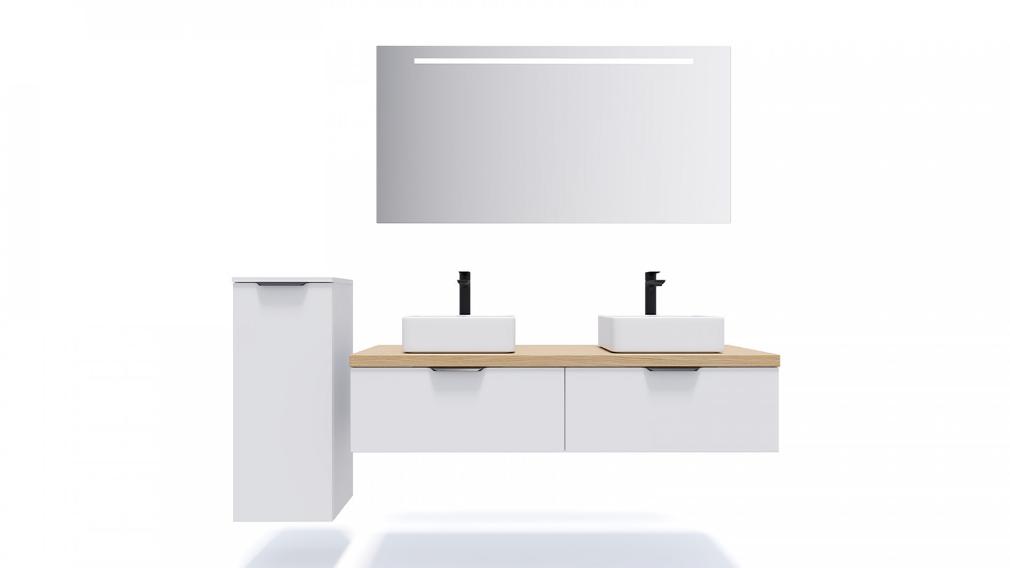 Meuble de salle de bains 140 cm Opale blanc - 2 tiroirs - 2 vasques carrées - Loft