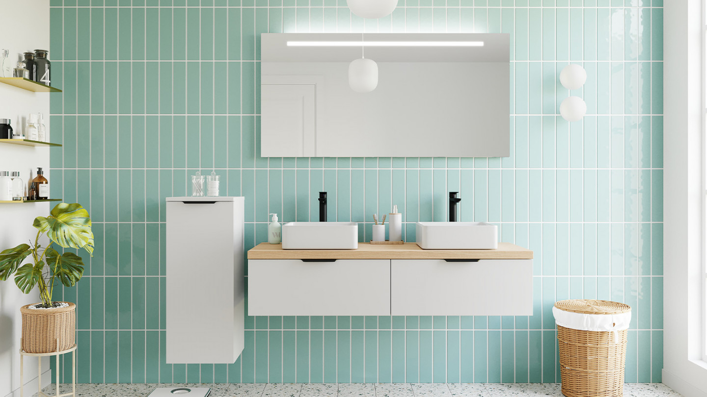 Meuble de salle de bains 140 cm Opale blanc - 2 tiroirs - 2 vasques carrées + miroir - Loft