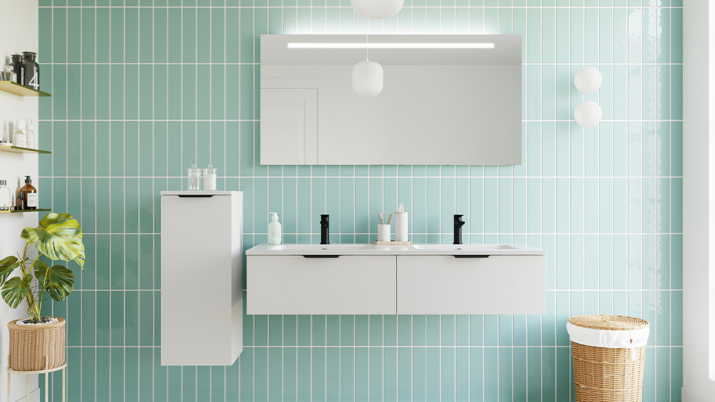 Meuble de salle de bains 140 cm Opale blanc - 2 tiroirs - double vasque + miroir - Loft