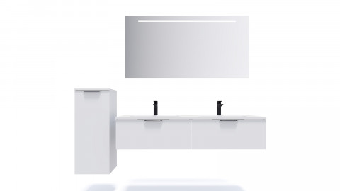 Meuble de salle de bains 140 cm Opale blanc - 2 tiroirs - double vasque + miroir + demi-colonne ouverture à gauche - Soho
