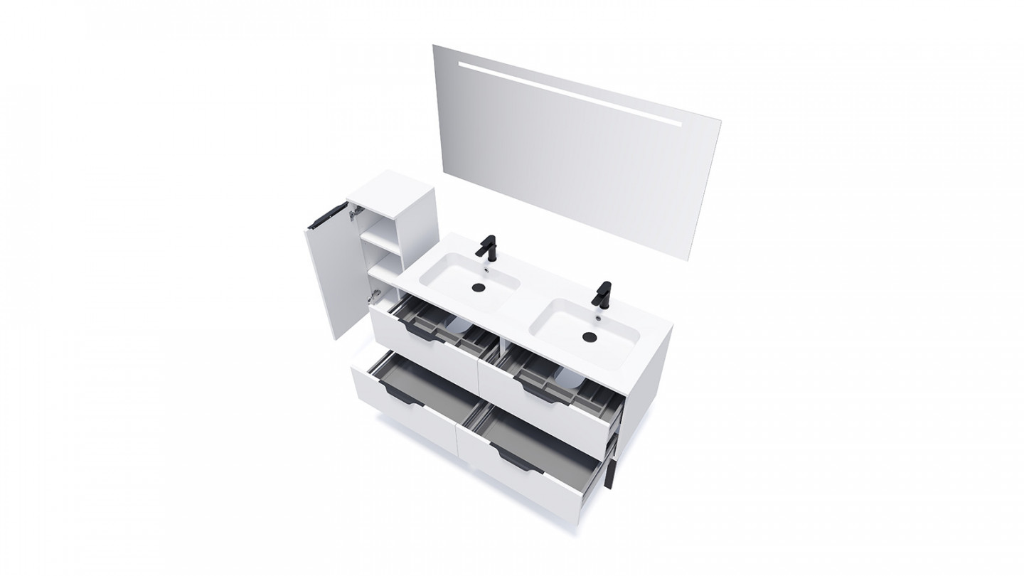 Meuble de salle de bain suspendu double vasque intégrée 140cm 4 tiroirs Blanc + miroir - Loft