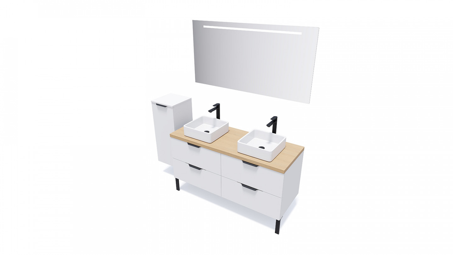 Meuble de salle de bain suspendu 2 vasques à poser 140cm 4 tiroirs Blanc + miroir + colonne ouverture gauche - Loft