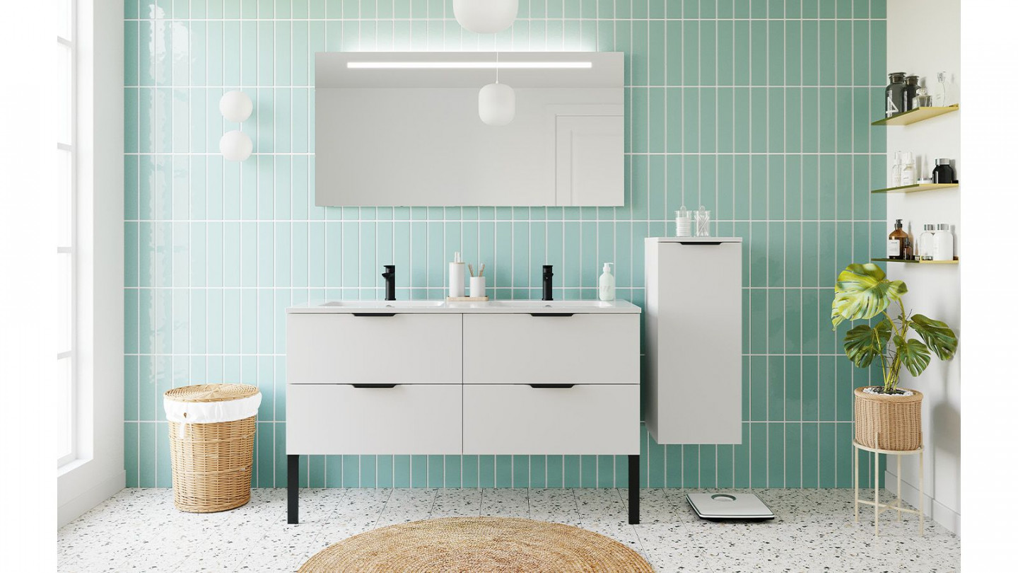 Meuble de salle de bain suspendu double vasque intégrée 140cm 4 tiroirs Blanc + miroir + colonne ouverture droite - Loft